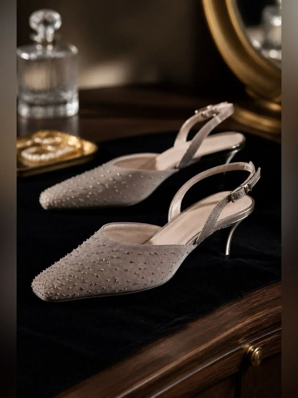 Nine West Pewter Satin Beaded Sling Backs
